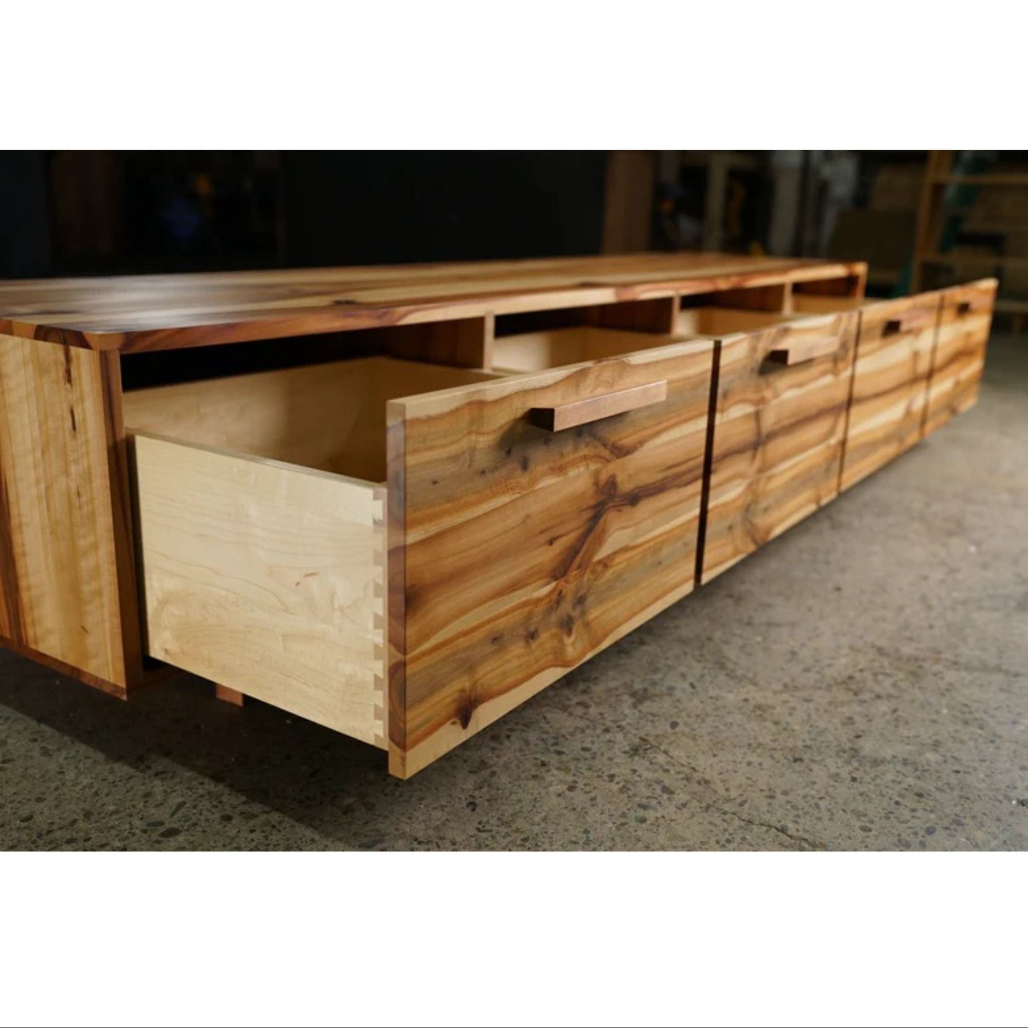 Clarkson Drawer Bench 72 W Opened Drawers View by Tomfoolery Wood Co