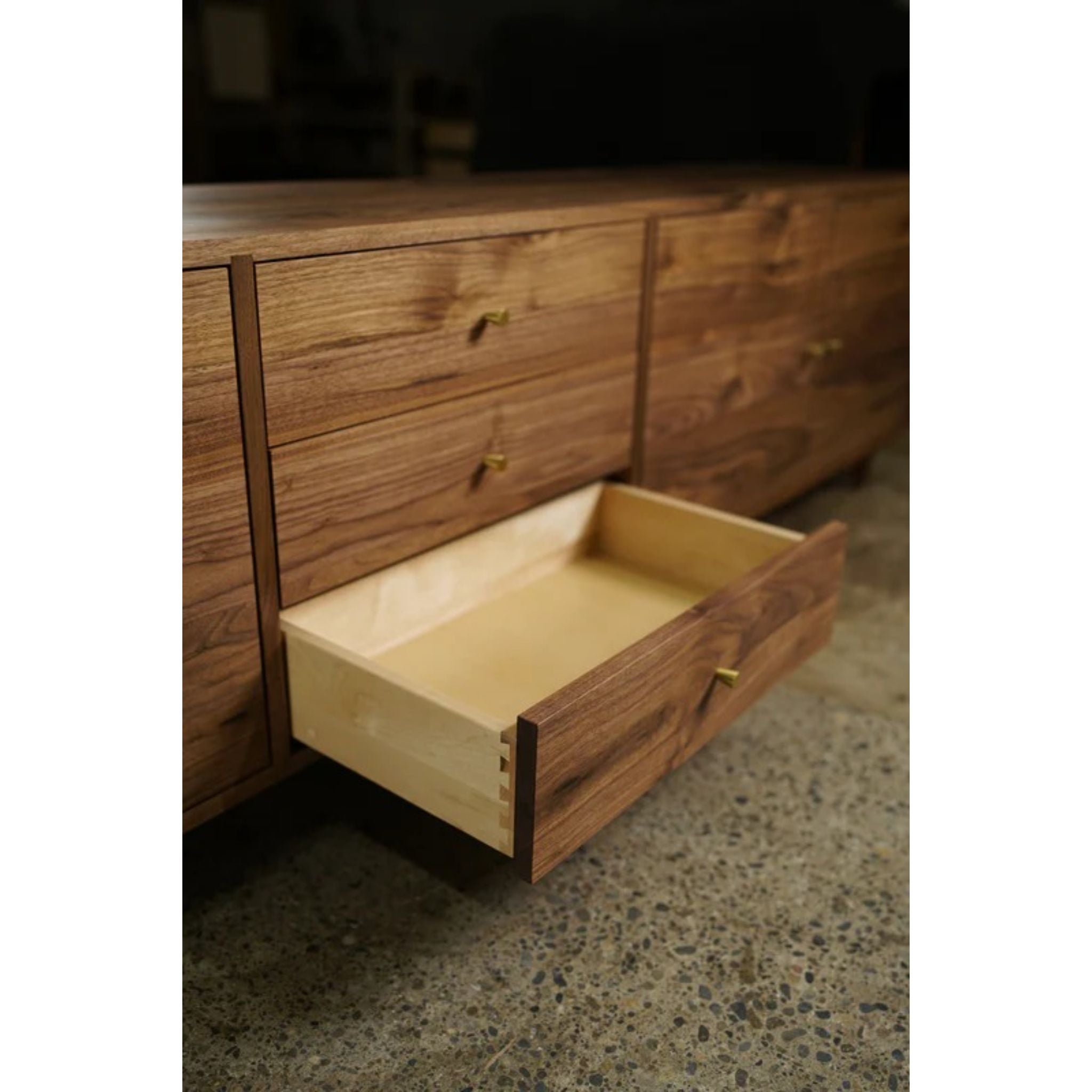 Danish Modern Console 100 W CN21 Bottom Opened Drawer View by Tomfoolery Wood Co