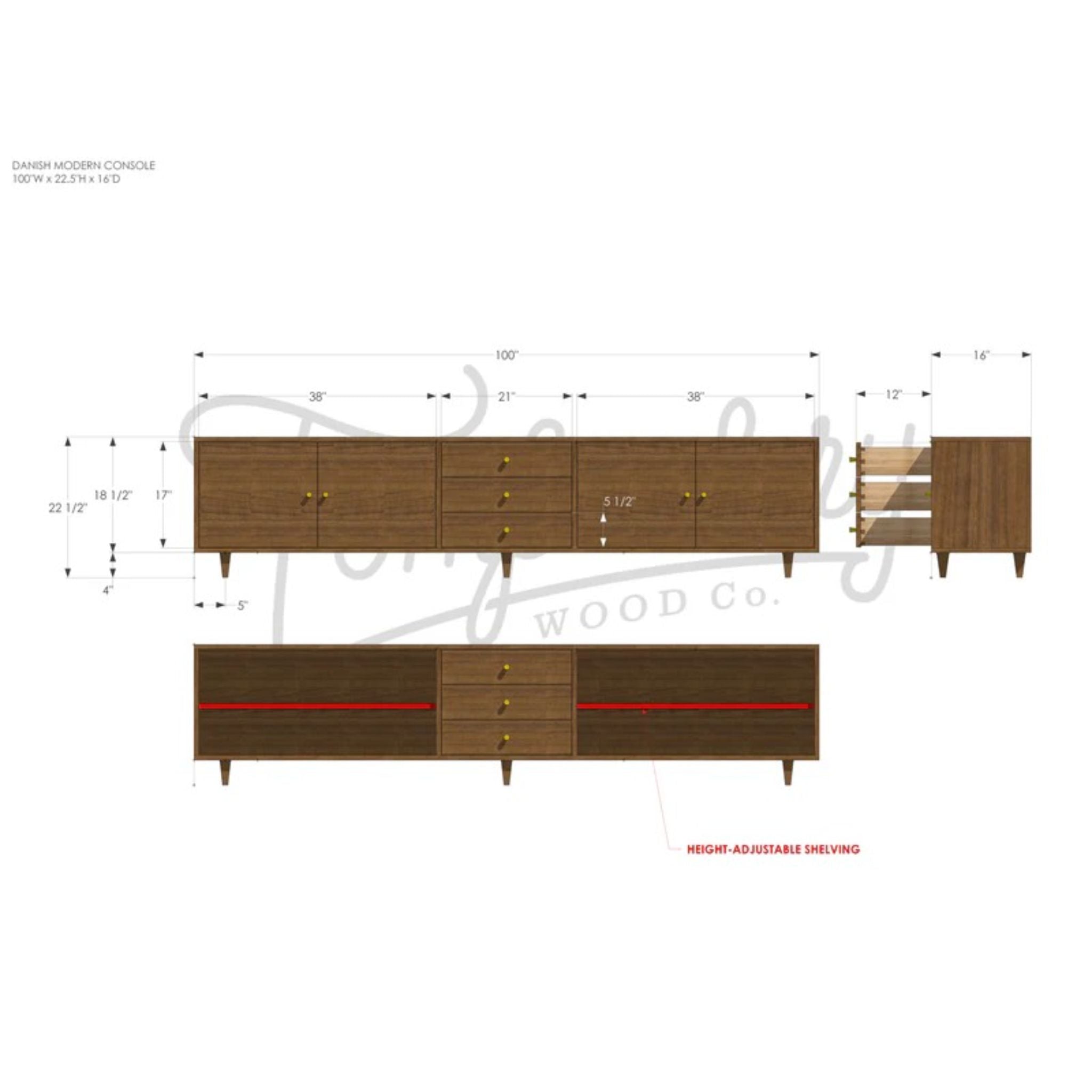 Danish Modern Console 100 W CN21 Dimensions by Tomfoolery Wood Co