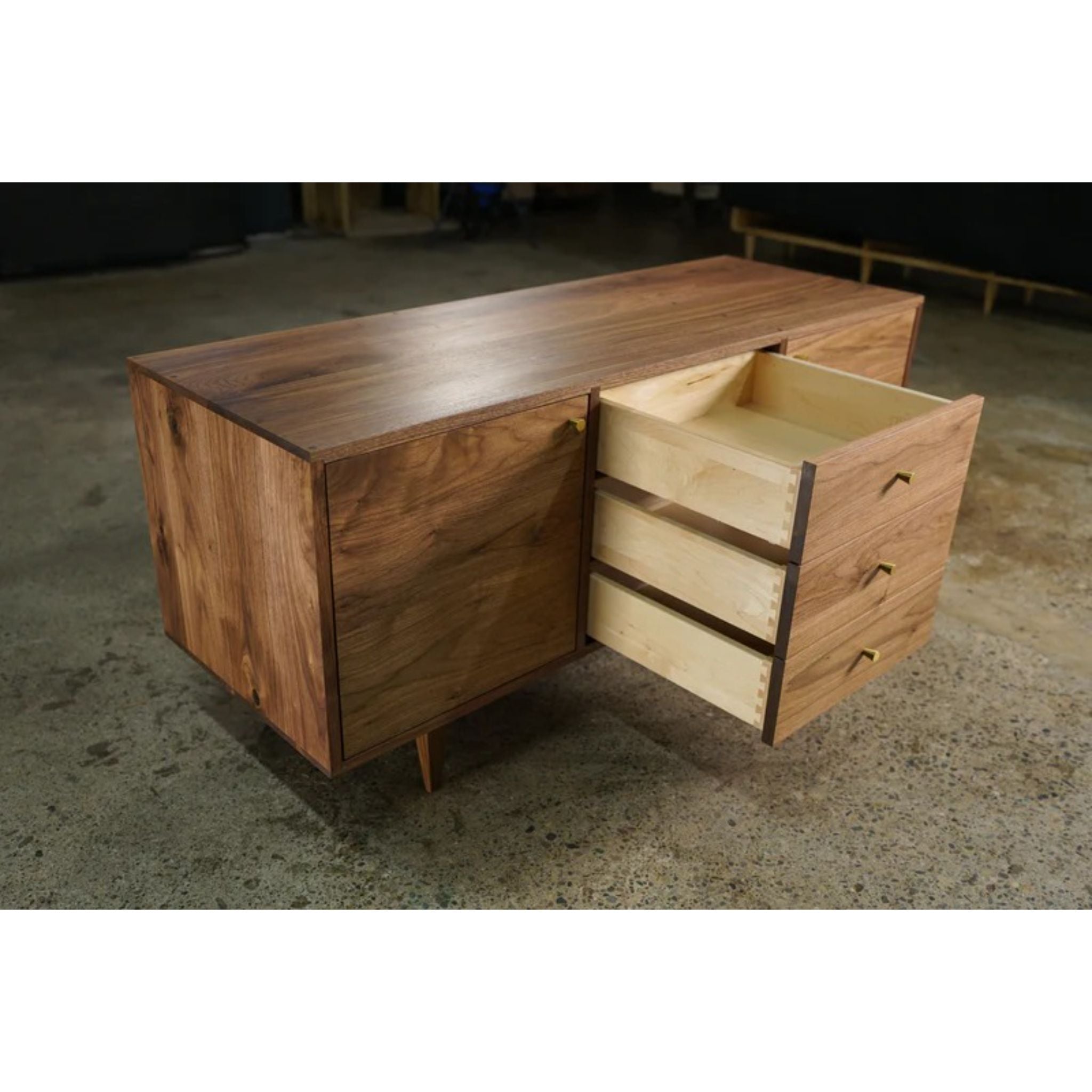 Danish Modern Console 3 Drawer CN20 Opened Drawers View by Tomfoolery Wood Co