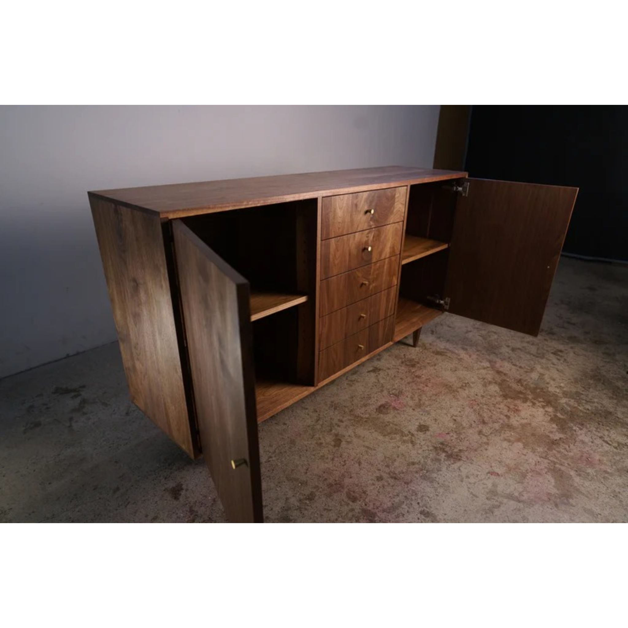 Danish Modern Console 5 Drawer 60 W CN40 Opened Doors View by Tomfoolery Wood Co