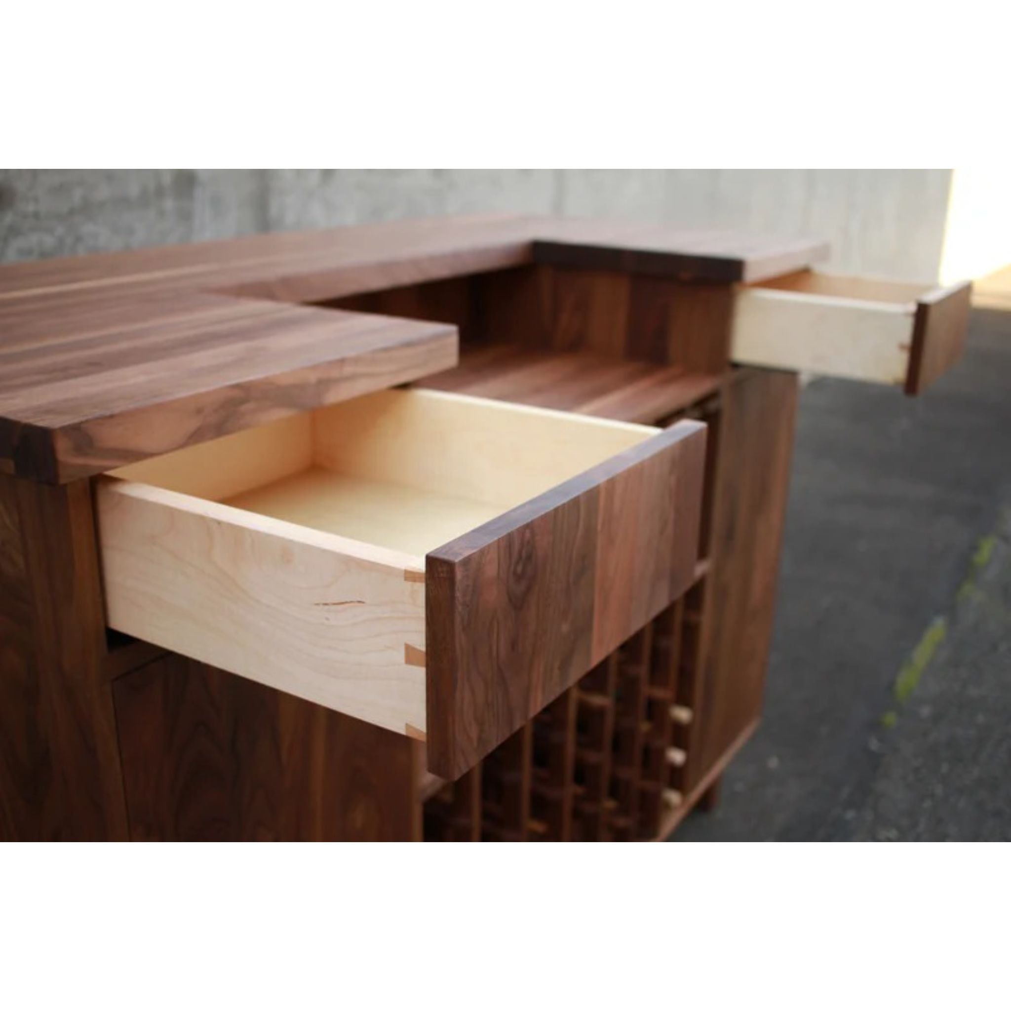 Dellinger Wine Bar BR08 Opened Drawers View by Tomfoolery Wood Co