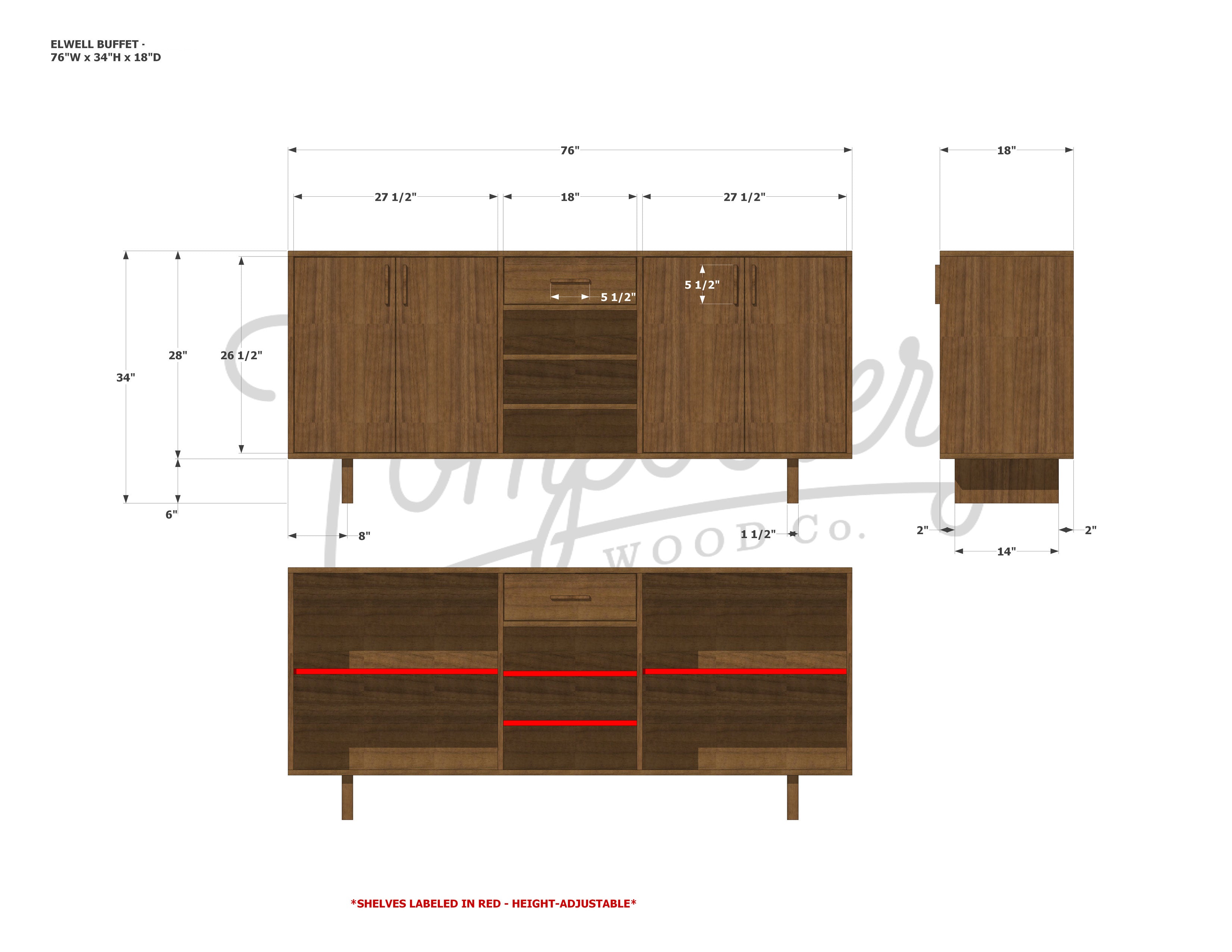 Elwell Buffet 1 Drawer CN18 Dimensions by Tomfoolery Wood Co