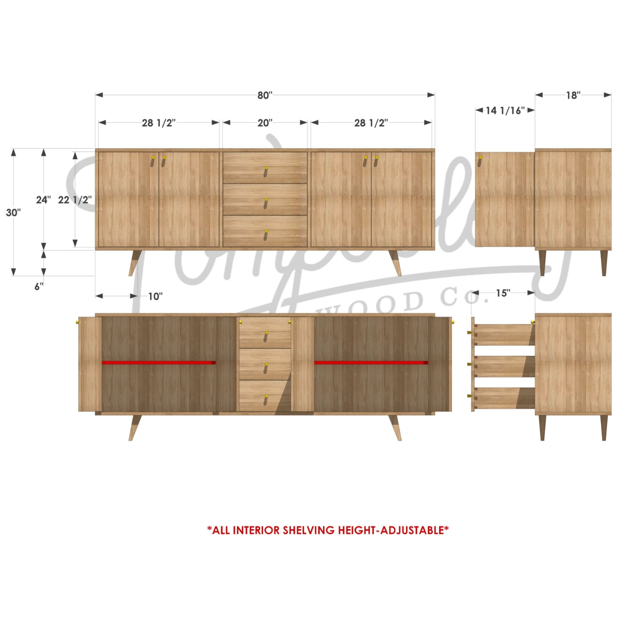 Elwell Buffet 3 Drawer CN14 Dimensions by Tomfoolery Wood Co