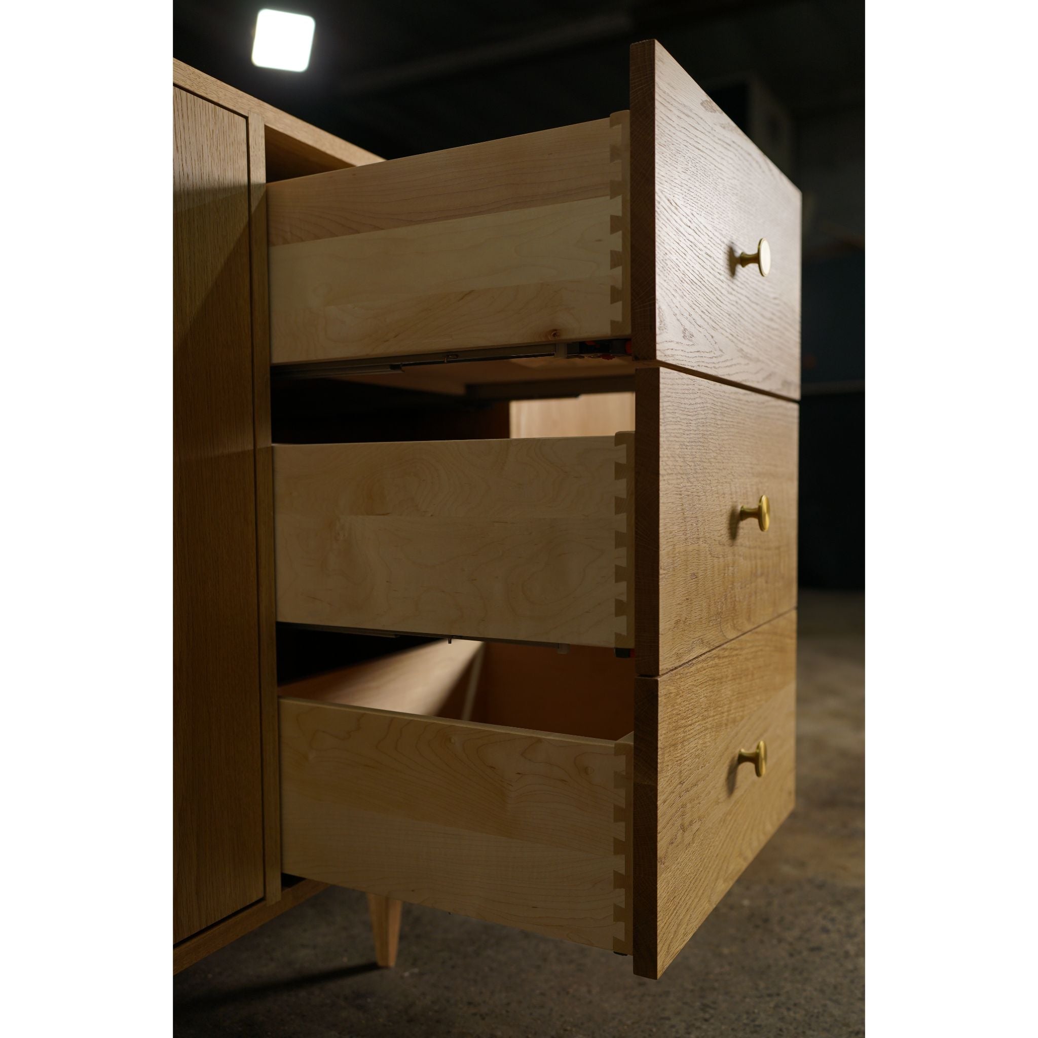 Elwell Buffet 3 Drawer CN14 Left Side Opened Drawers View by Tomfoolery Wood Co