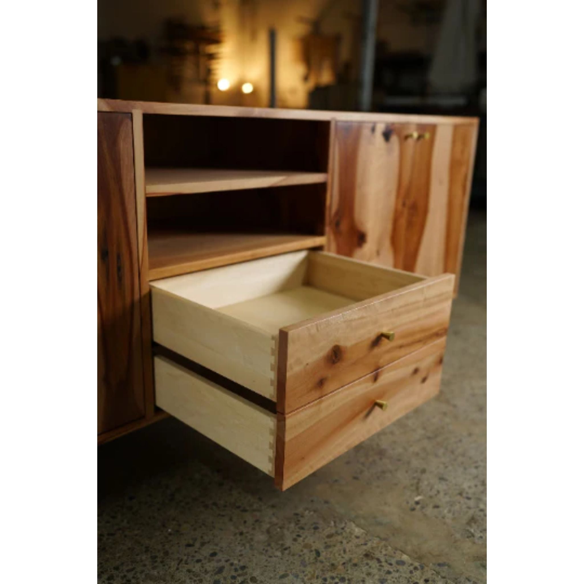 Elwell Buffet CN58 Opened Drawers View by Tomfoolery Wood Co