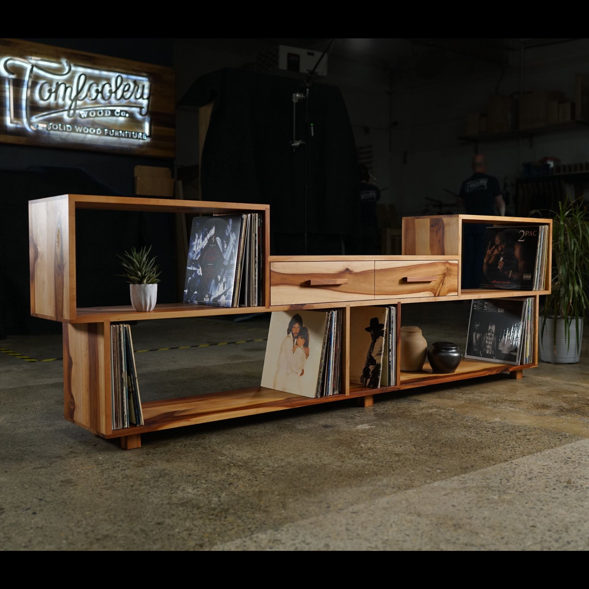 Emerson Vinyl Console 2 Drawer CN06 Full View by Tomfoolery Wood Co