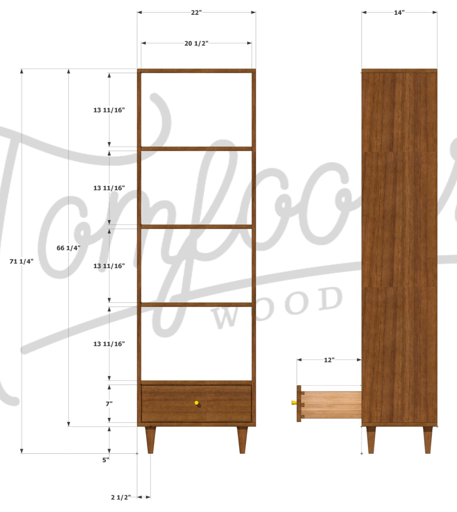 Fullstack Bookcase 2.0 BC05 Dimensions View by Tomfoolery Wood Co