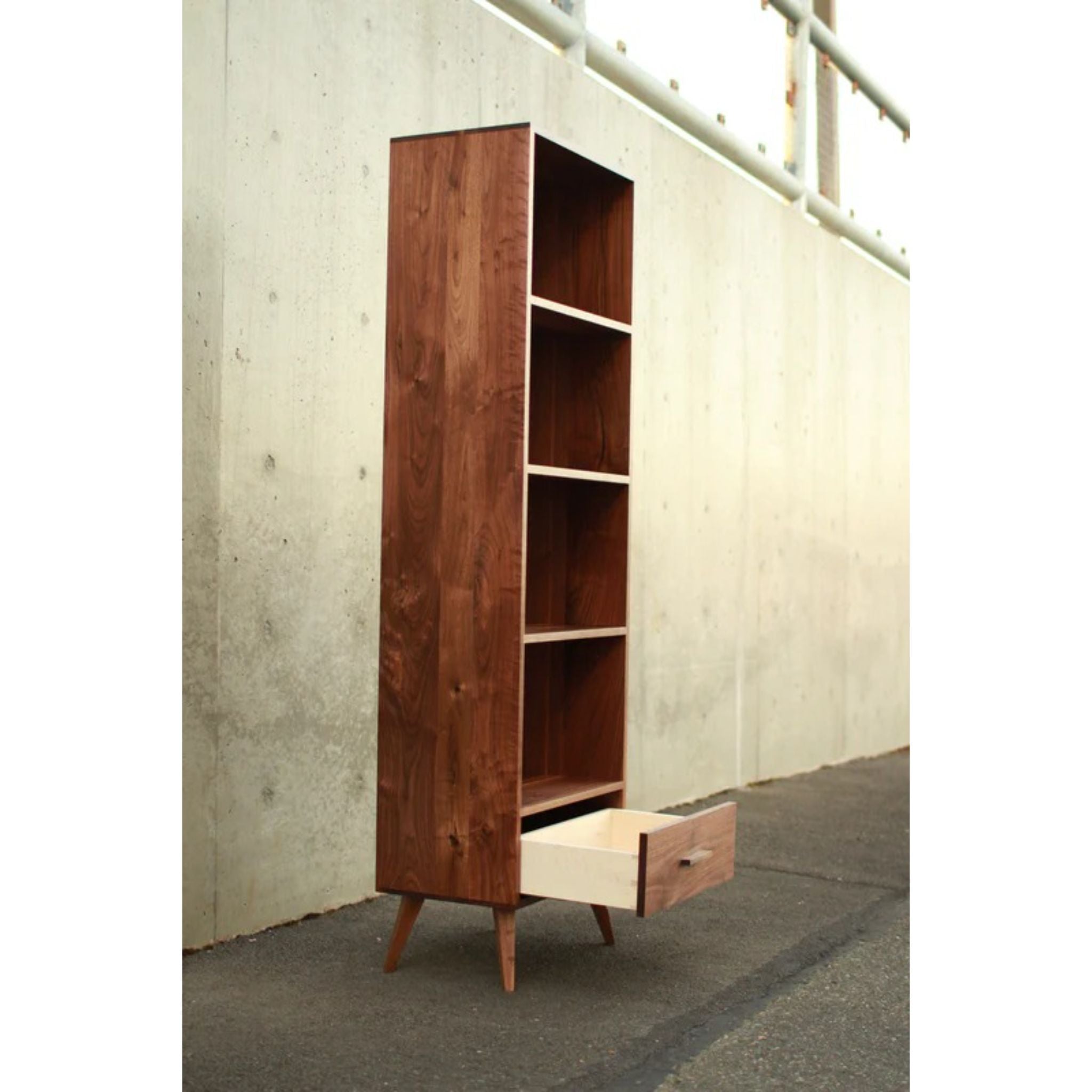 Fullstack Bookcase BC16 Opened Drawer Left Side View by Tomfoolery Wood Co