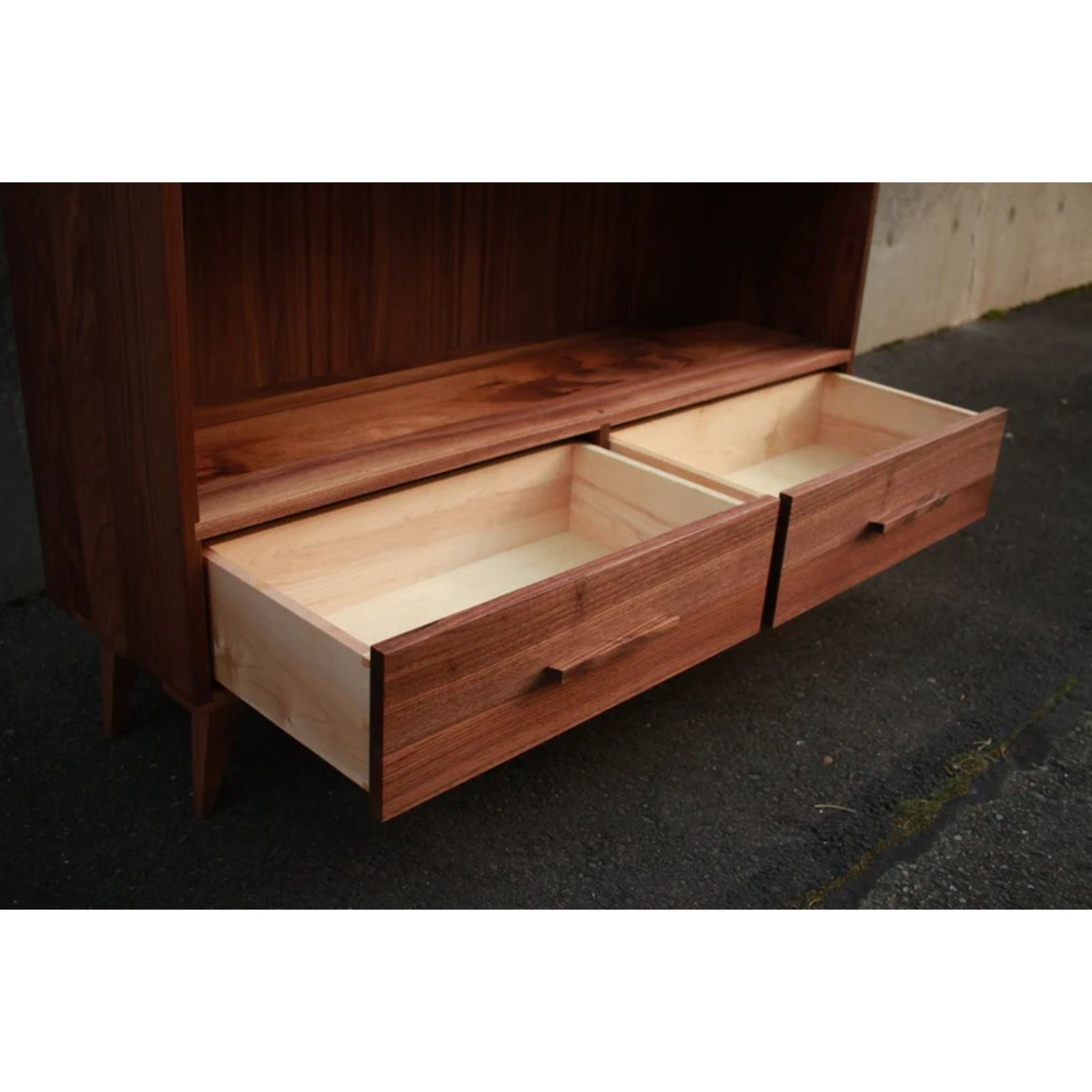 Fullstack Bookcase Double Wide BC04 Opened Drawers View by Tomfoolery Wood Co