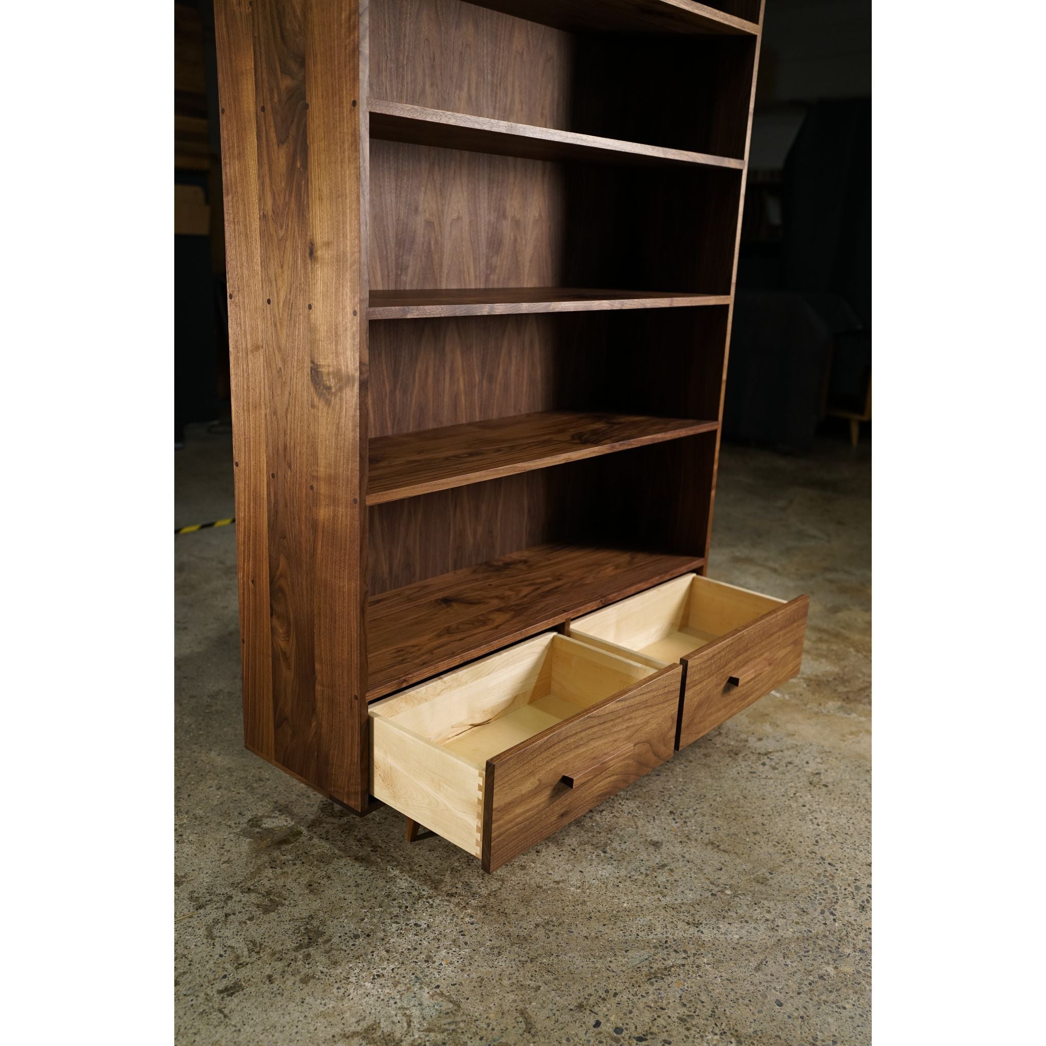 Fullstack Bookcase Double Wide BC04 Opened Drawers View 1 by Tomfoolery Wood Co