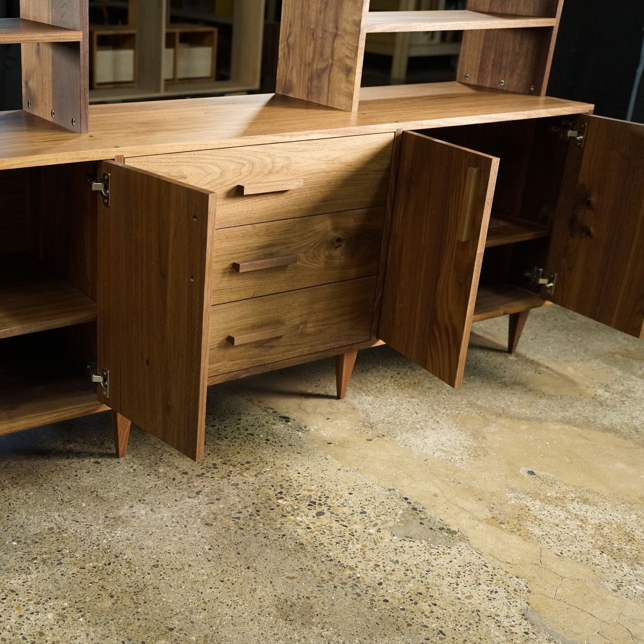 Gilles Hutch 3 Drawer 80W HU01 Open Doors View by Tomfoolery Wood Co