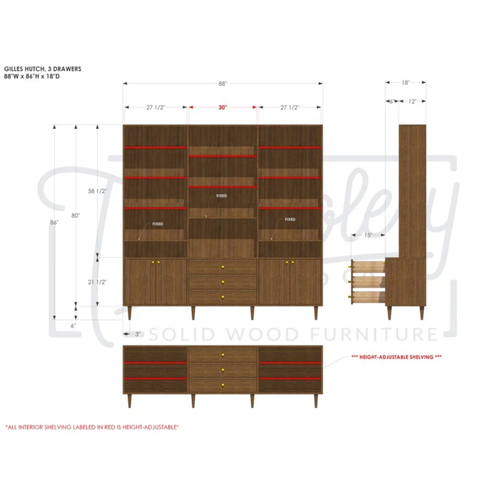 Gilles Hutch 3 Drawers HU06 Dimensions by Tomfoolery Wood Co