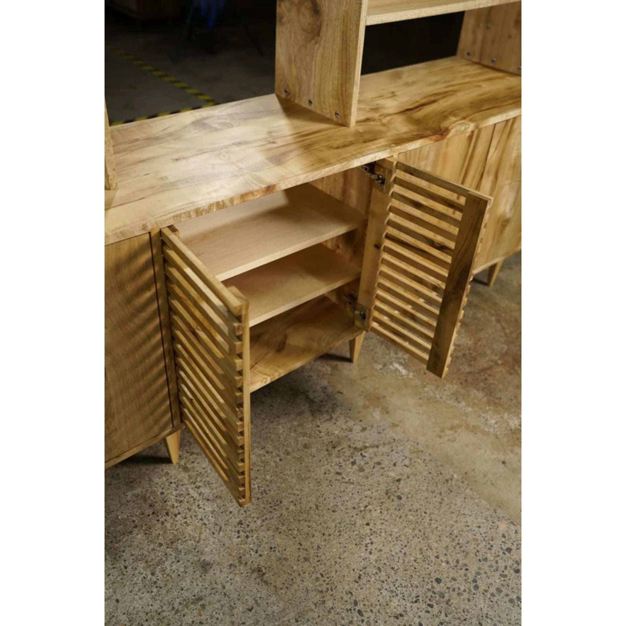 Gilles Hutch Slat Doors HU04 Opened Door Closed View by Tomfoolery Wood Co
