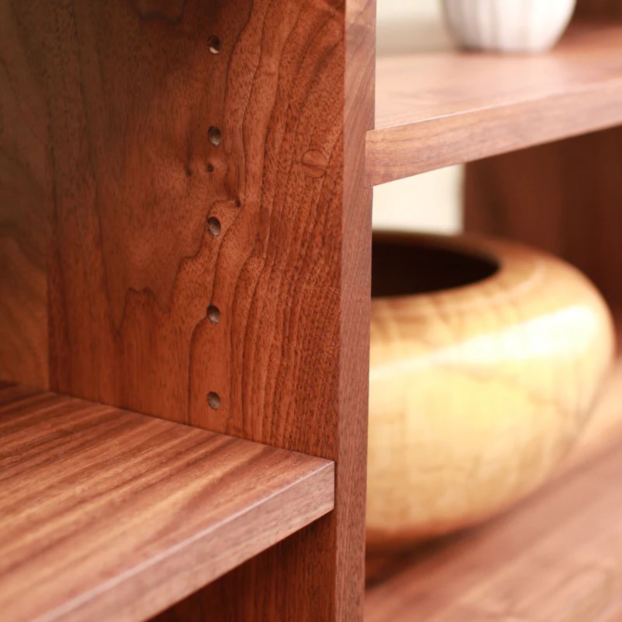 Guthrie Media Console CN54 Closeup Shelf View by Tomfoolery Wood Co 