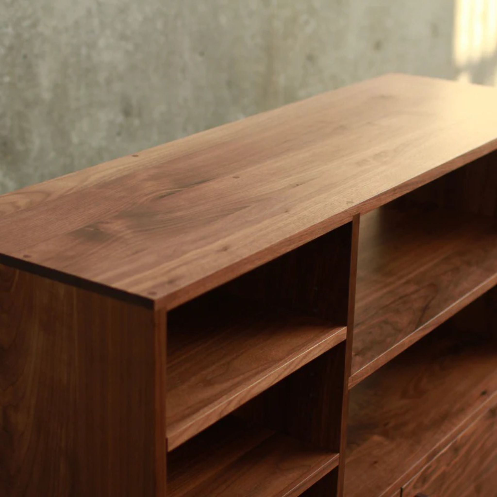 Guthrie Media Console CN54 Top Side View by Tomfoolery Wood Co 