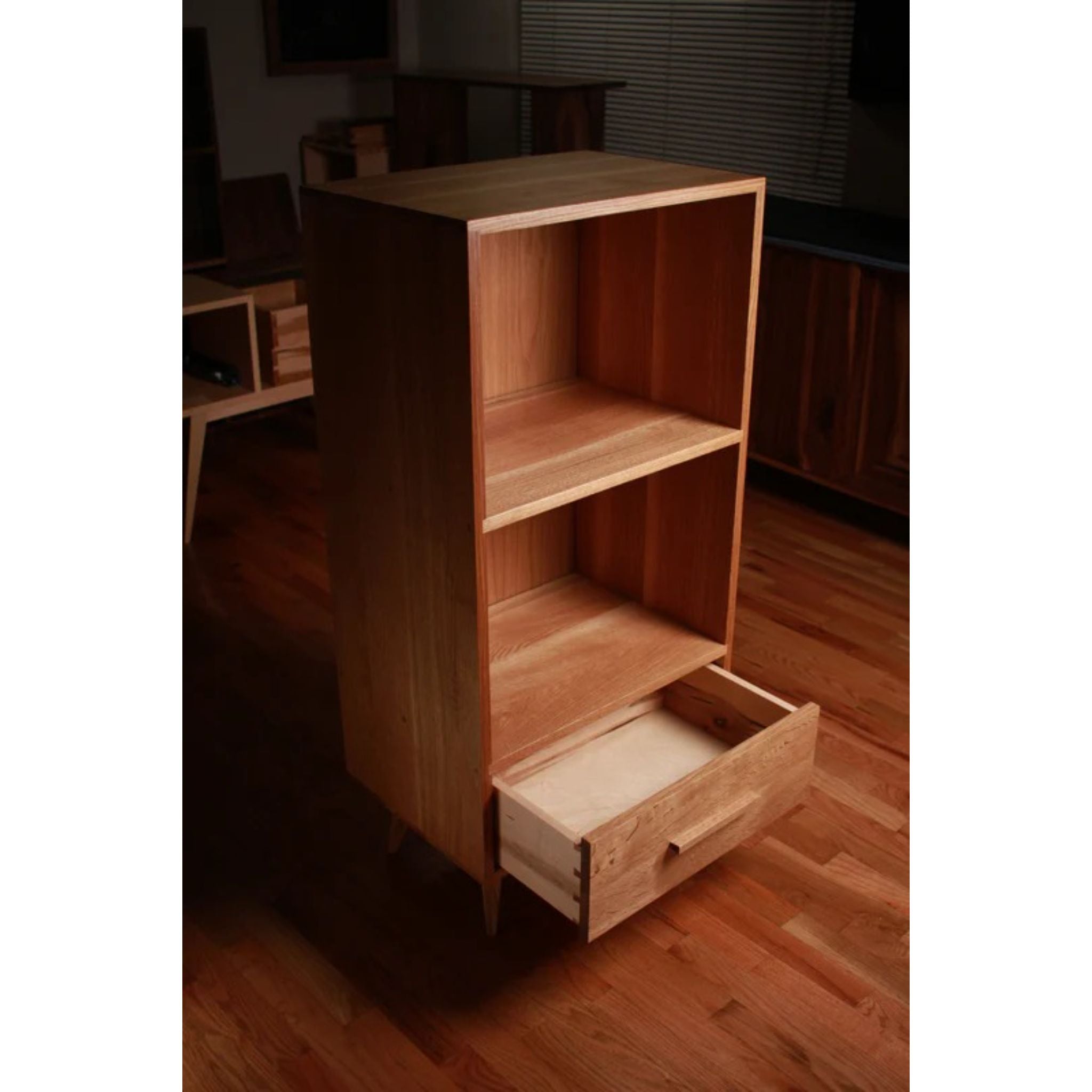 Halfstack Bookcase BC15 Opened Drawer Top Side View by Tomfoolery Wood Co