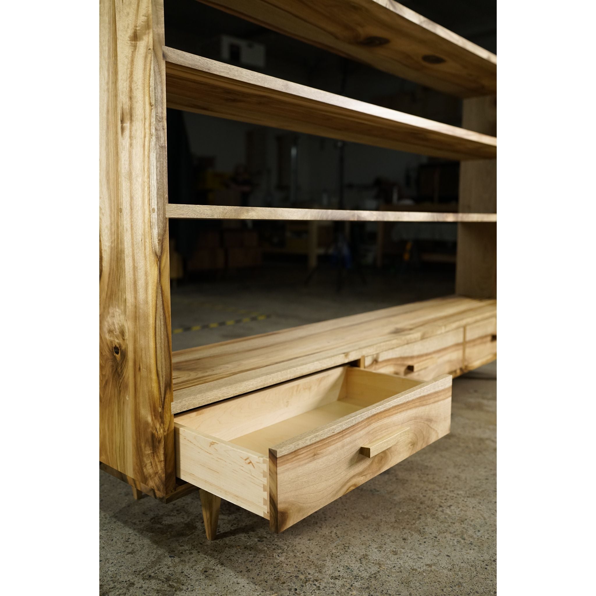 Halfstack Bookcase Triple Wide BC03 Opened Drawer View by Tomfoolery Wood Co