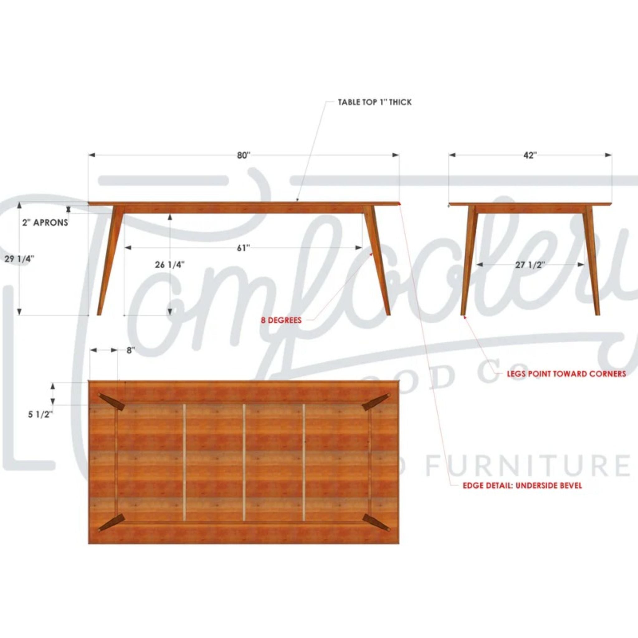 Harwala Dining Table 84 W TB14 Full Dimensions by Tomfoolery Wood Co