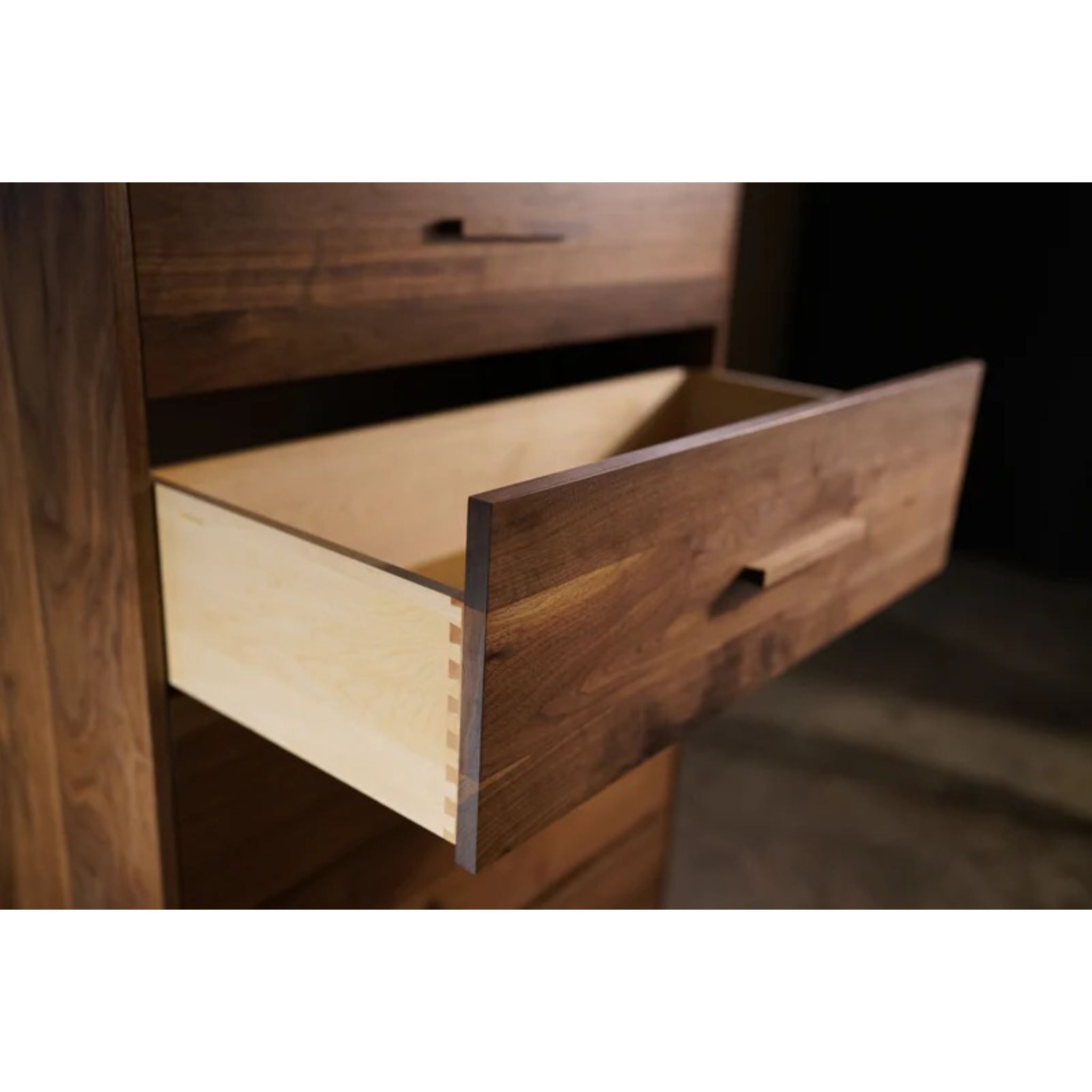 Highboy Dresser 5 Drawer DR02 Opened Drawer Side View by Tomfoolery Wood Co