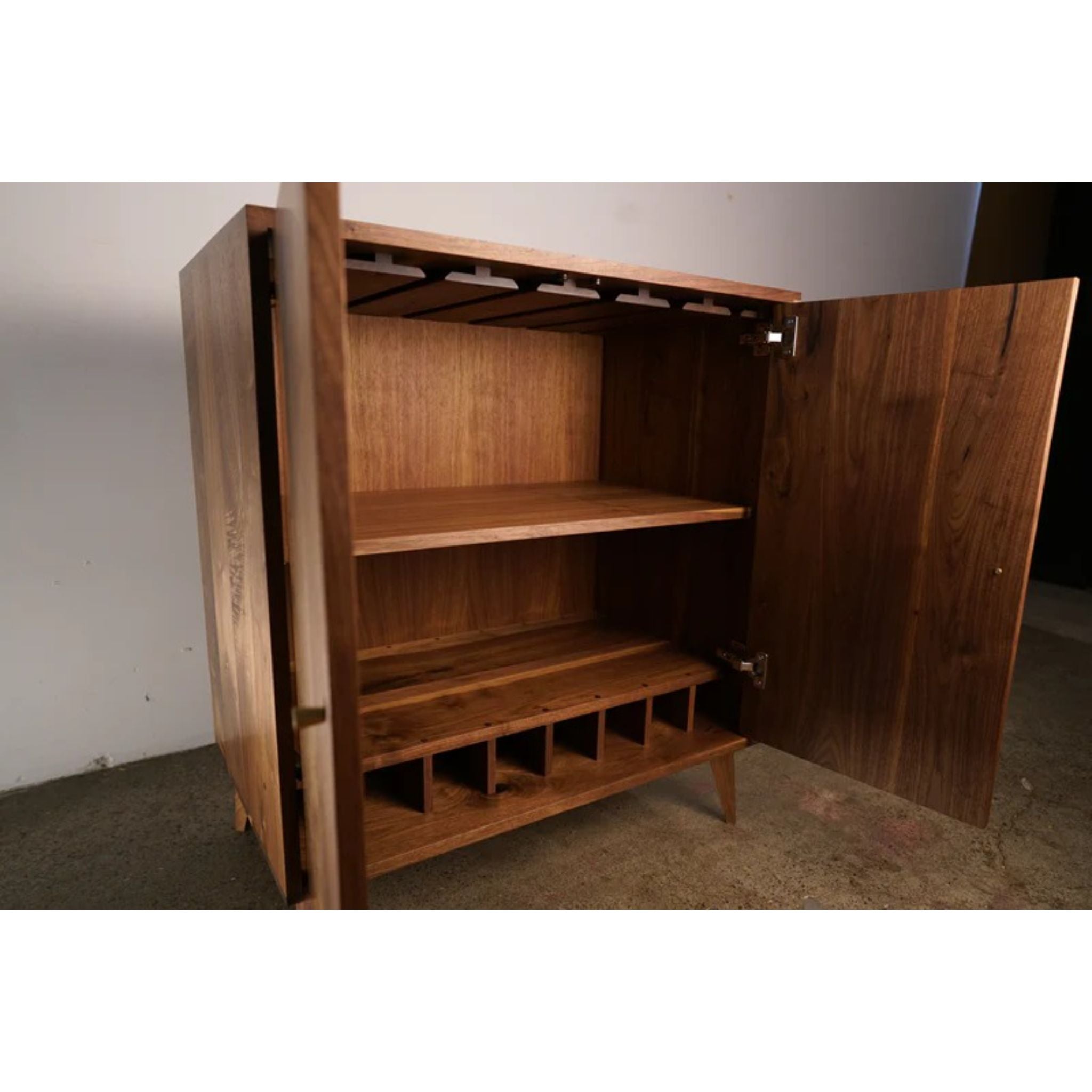 Hirtzel Bar Cabinet BR06 Opened Doors View by Tomfoolery Wood Co