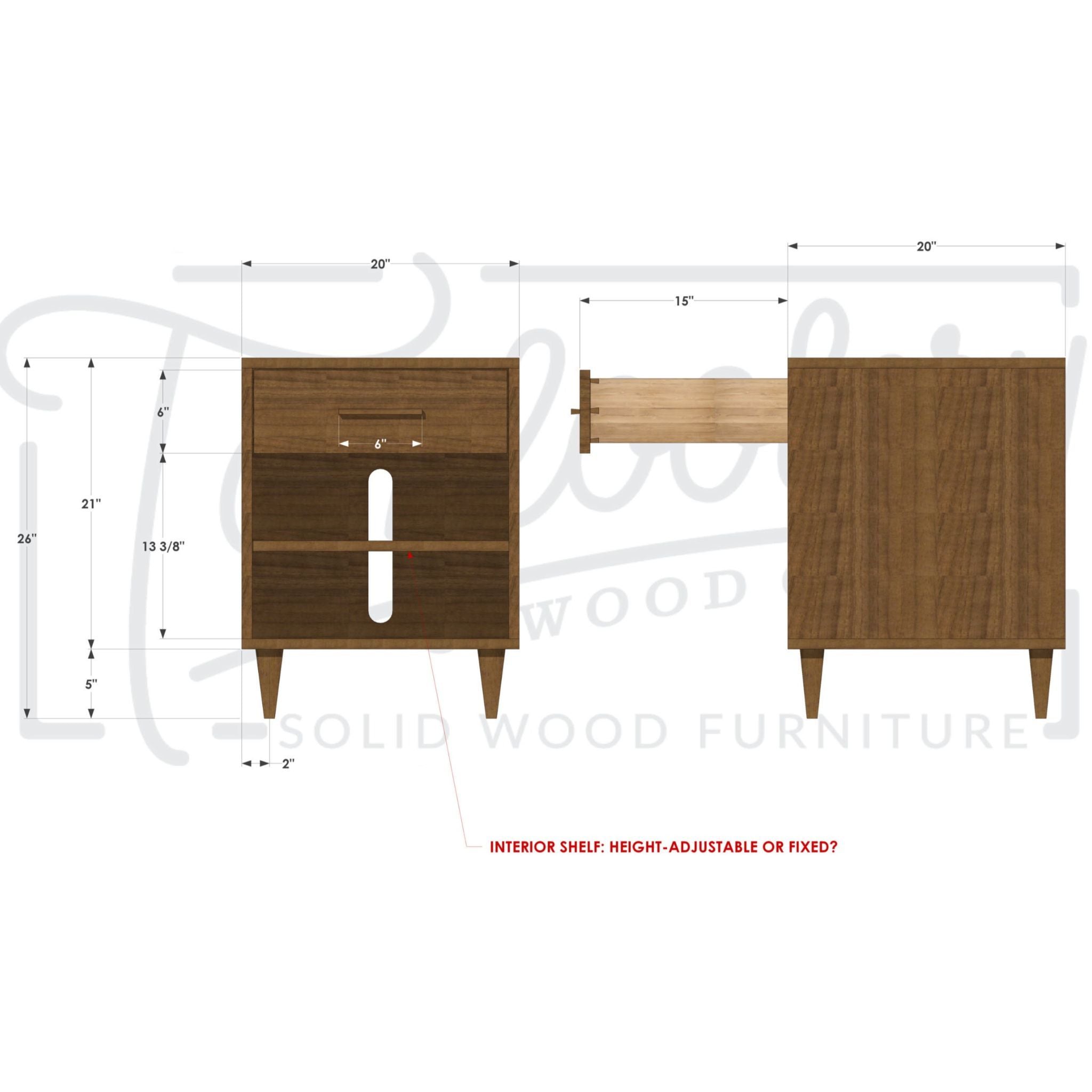 Howe Nightstand 1 Drawer 1 Shelf NS01 Dimensions by Tomfoolery Wood Co