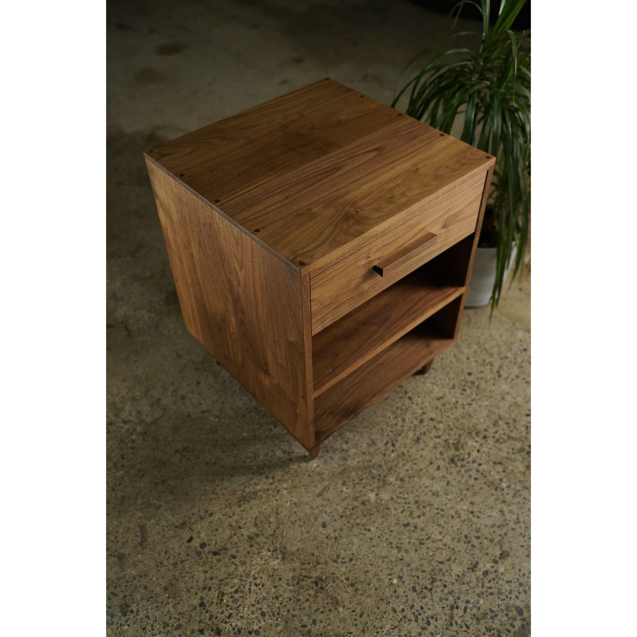 Howe Nightstand 1 Drawer 1 Shelf NS01 Top Side View by Tomfoolery Wood Co