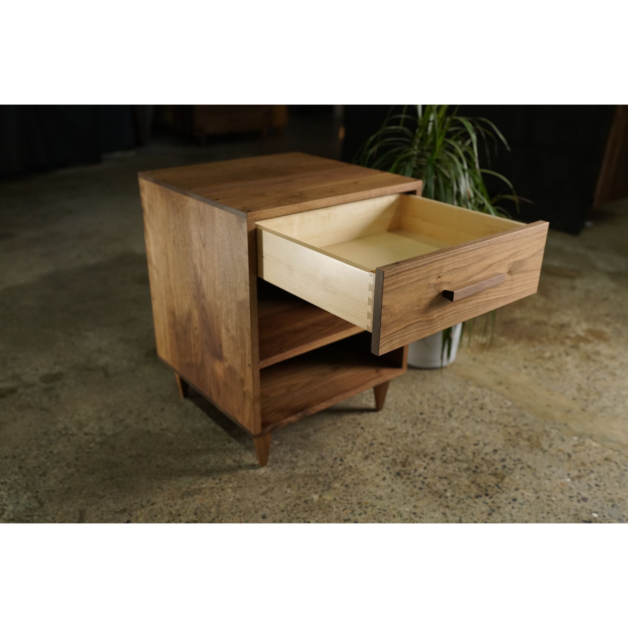 Howe Nightstand 1 Drawer 1 Shelf NS01 open Drawer View by Tomfoolery Wood Co