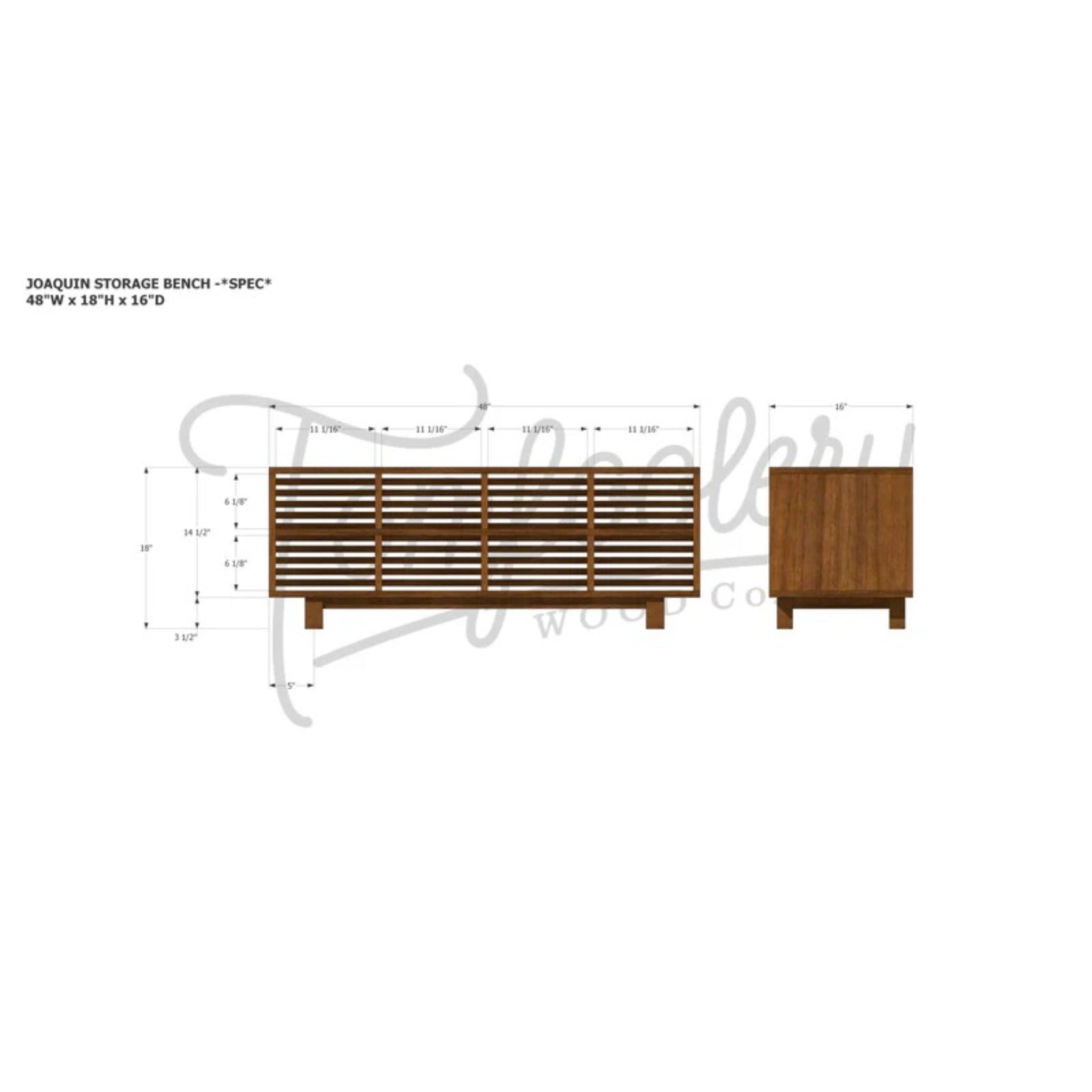 Joaquin Storage Bench 48 Wide BN16 Dimensions by Tomfoolery Wood Co 