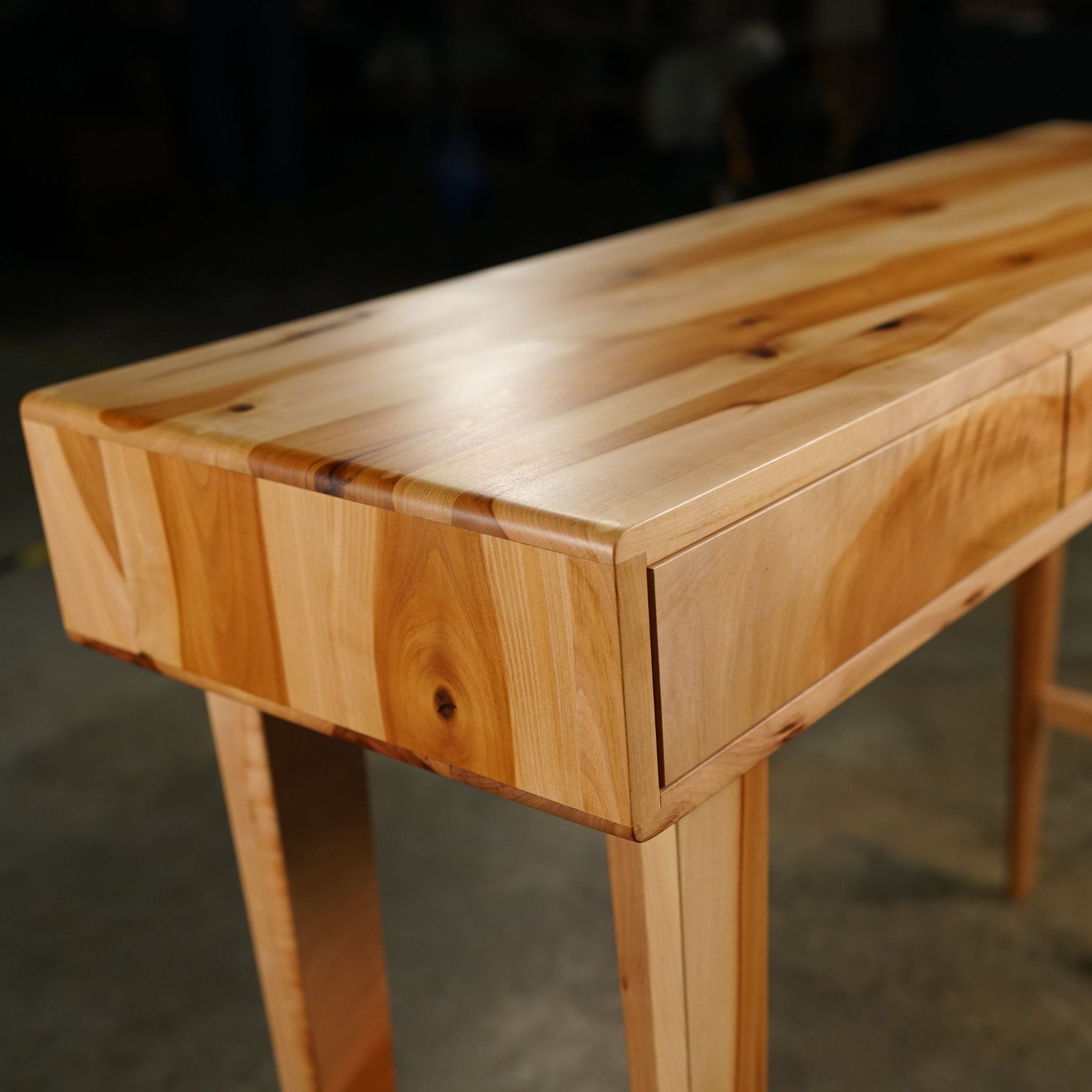 Legard Sofa Table 3 Drawers TB06 Closeup Left Corner View by Tomfoolery Wood Co