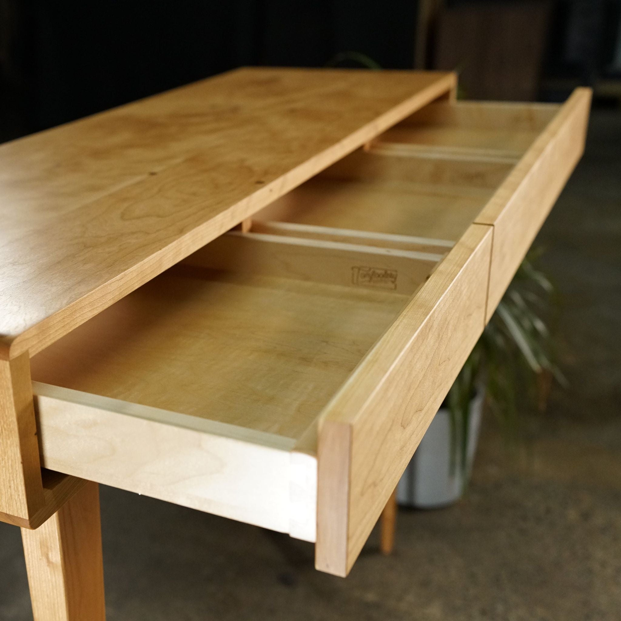 Legard Sofa Table 3 Drawers TB06 Open Drawers View 2 by Tomfoolery Wood Co