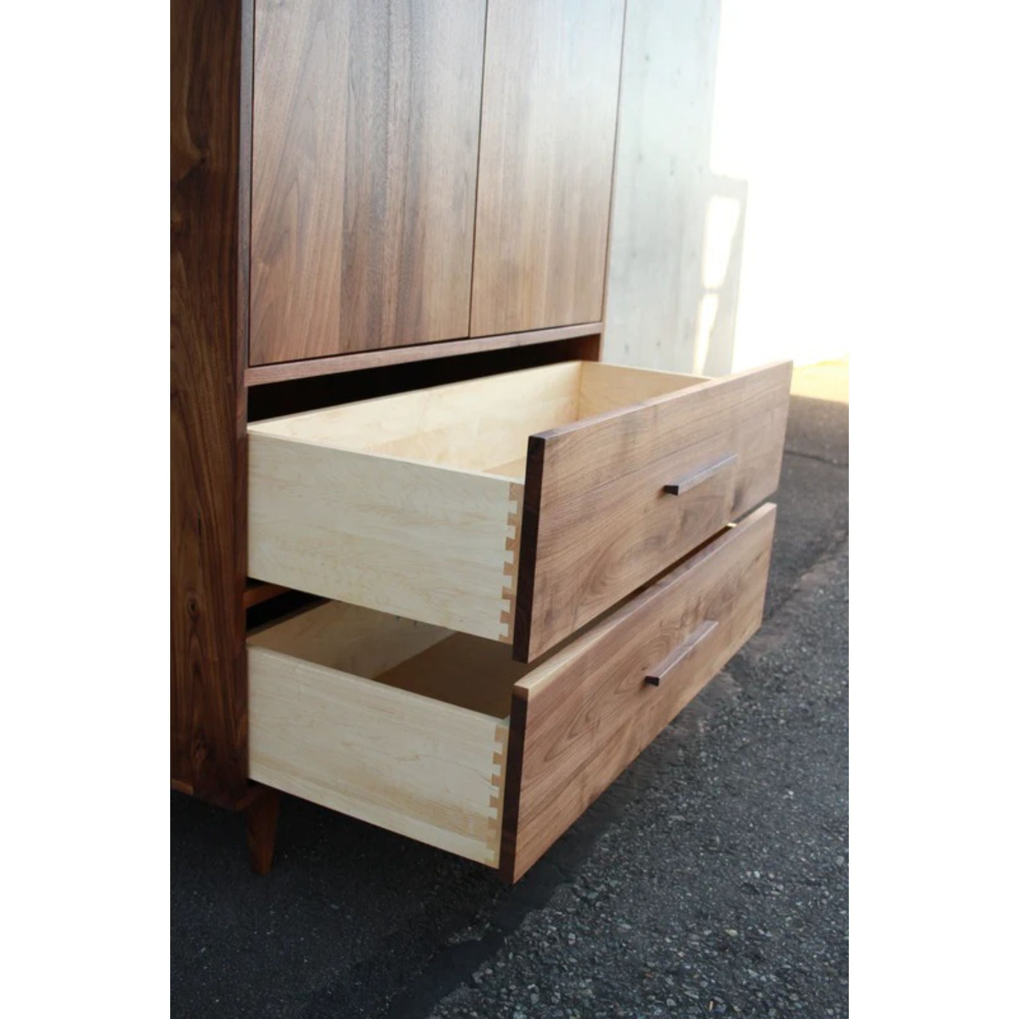 Lenti Armoire AR01 Opened Drawers Closeup View by Tomfoolery Wood Co