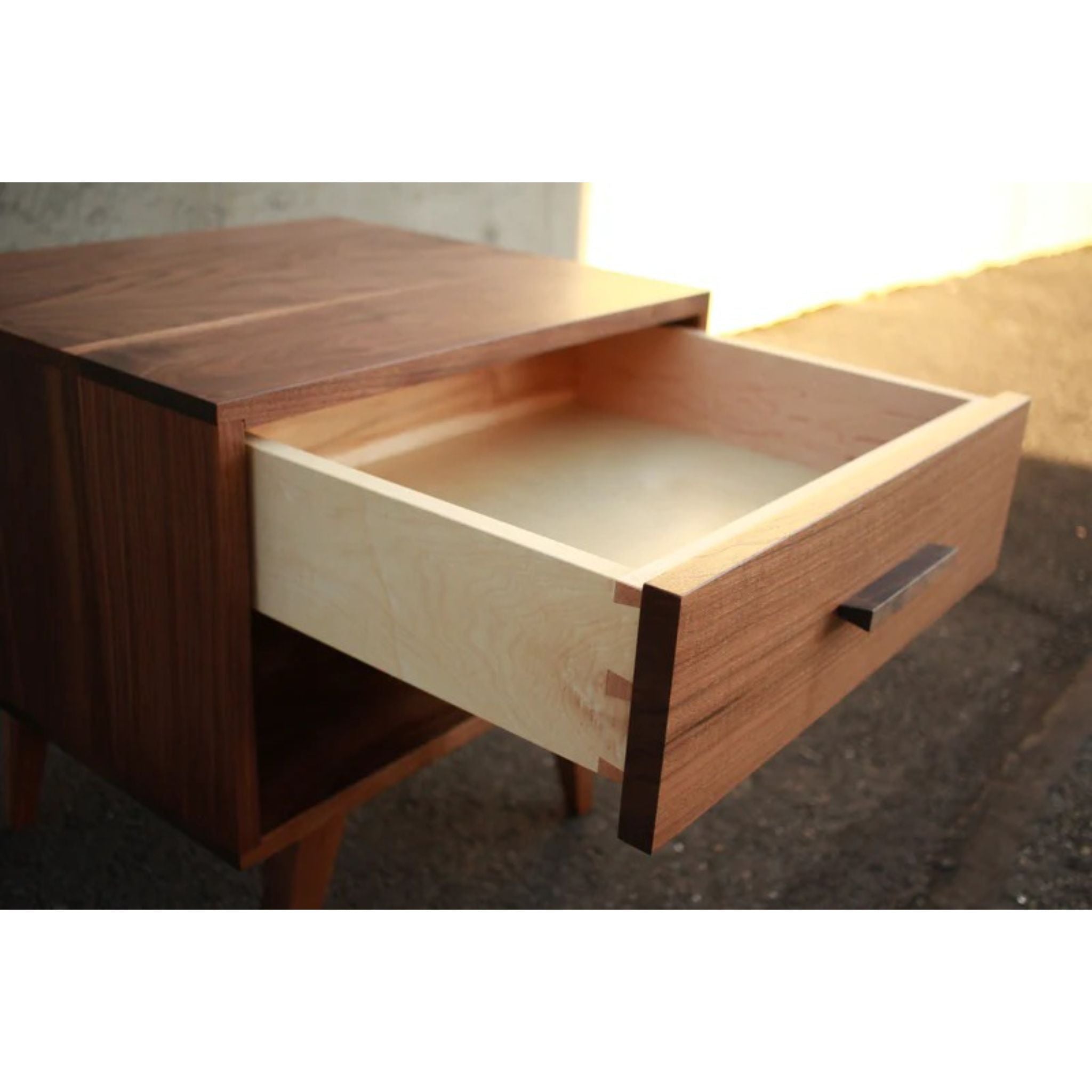 Moline Nightstand End Table ET09 Opened Drawer Closeup View by Tomfoolery Wood Co