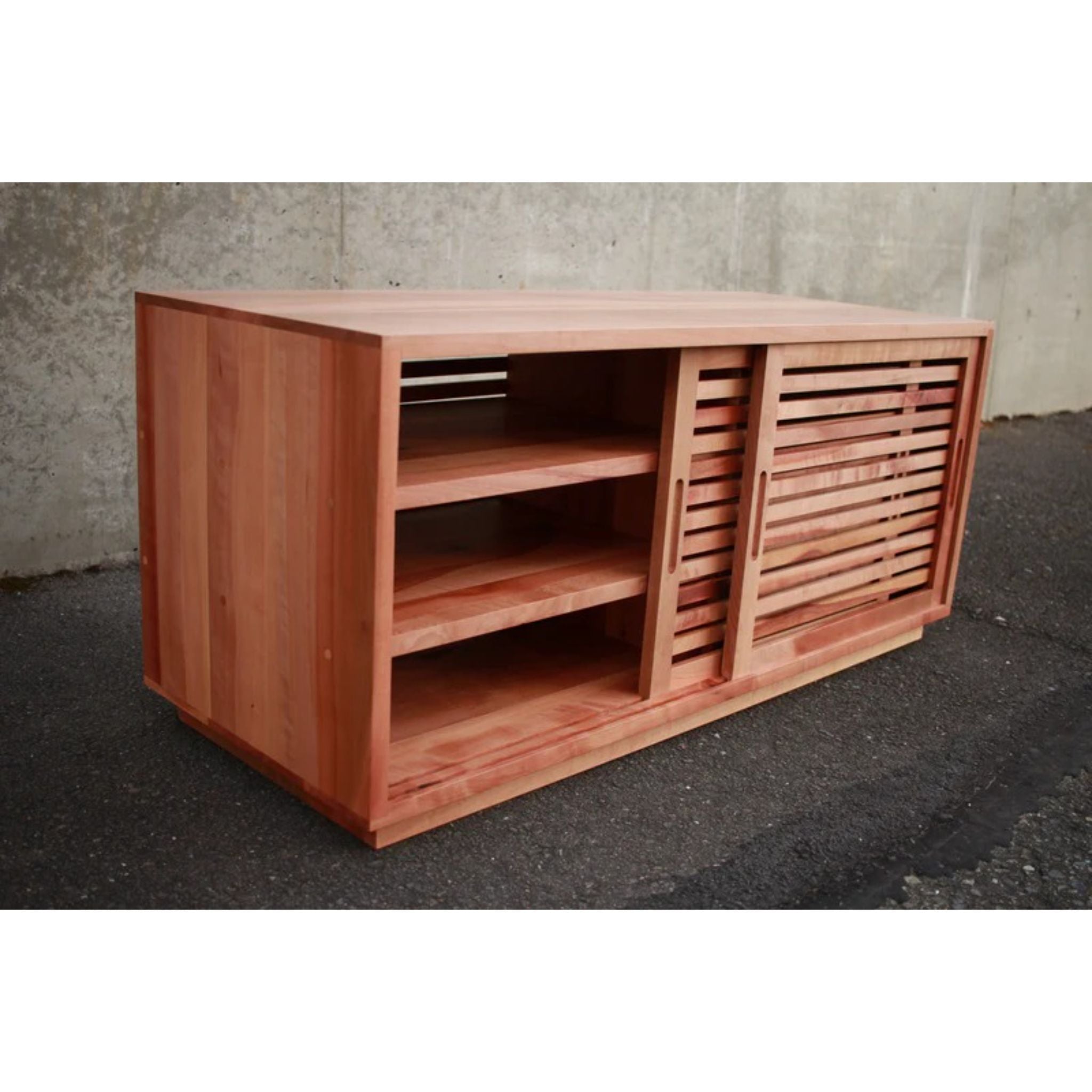 Rosenberg Storage Bench Slat Doors   Opened Doors Side View by Tomfoolery Wood Co