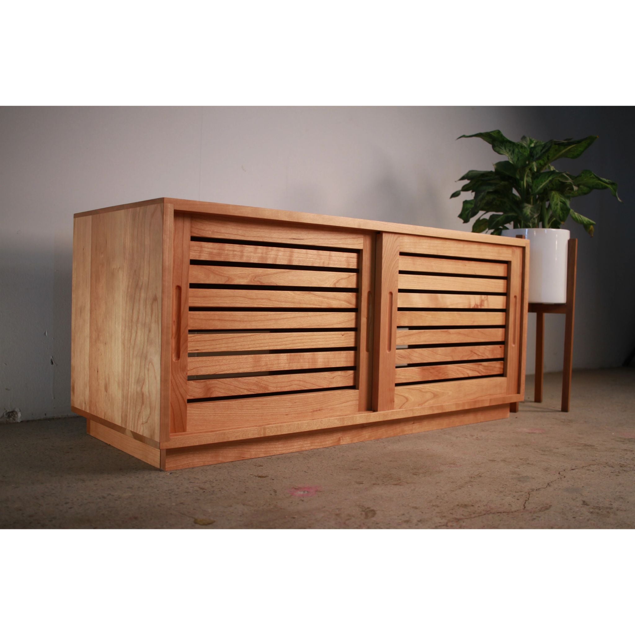 Rosenberg Storage Bench Slat Doors Front Side View by Tomfoolery Wood Co