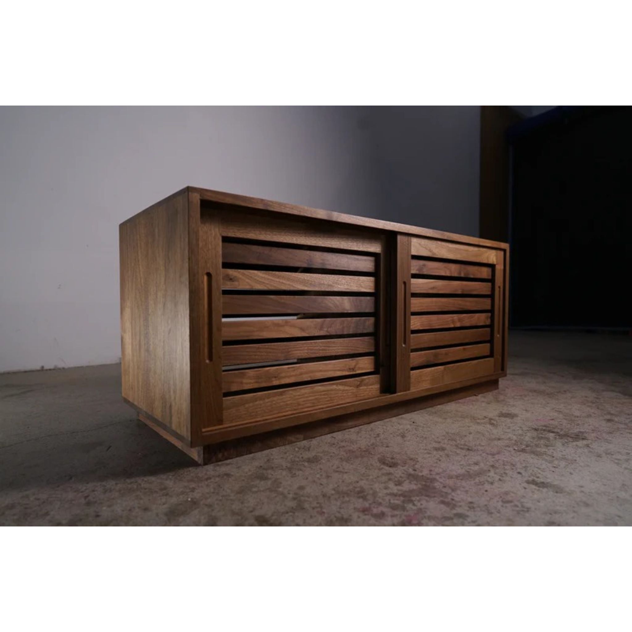 Rosenberg Storage Bench Slat Doors Side View by Tomfoolery Wood Co