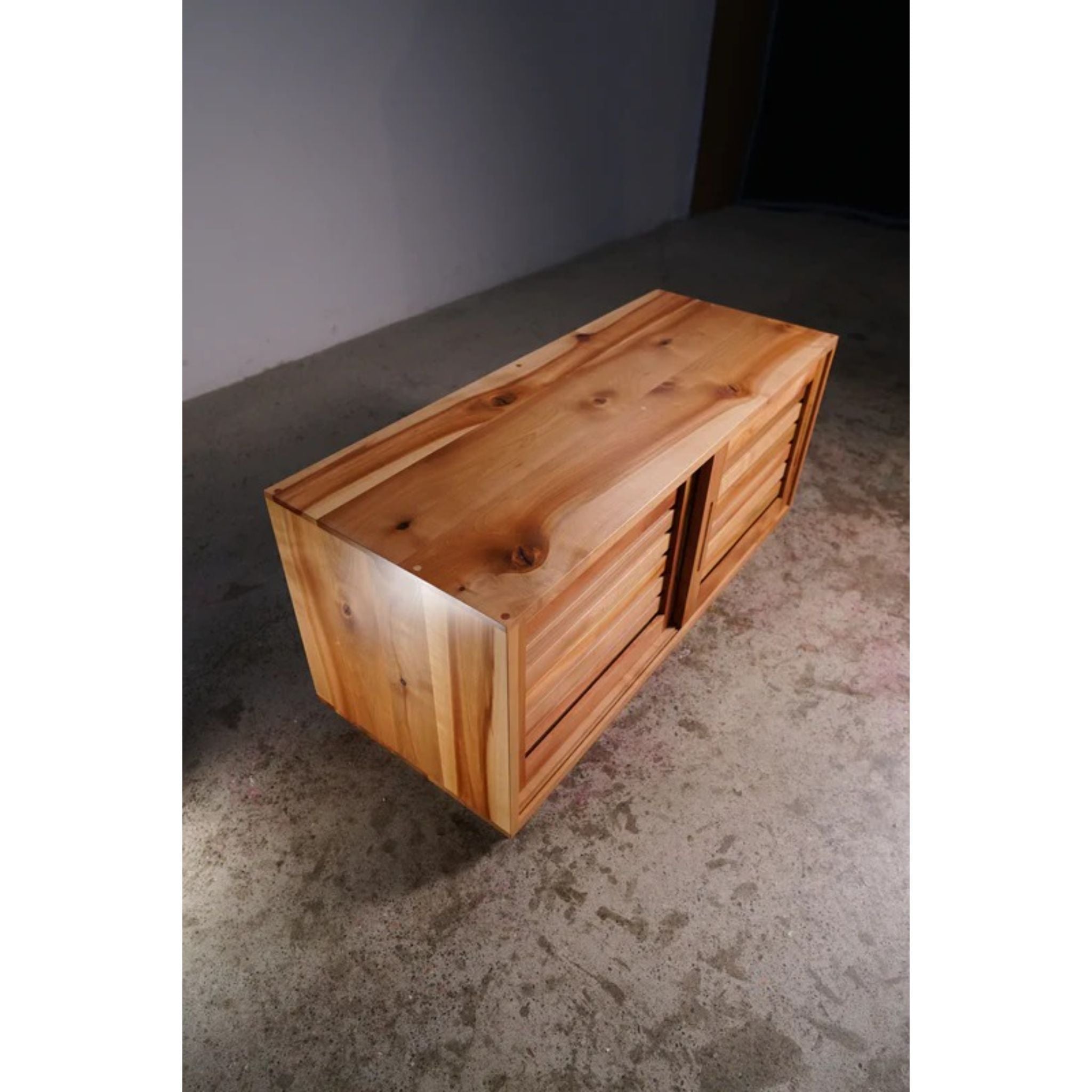 Rosenberg Storage Bench Slat Doors Top Side View by Tomfoolery Wood Co