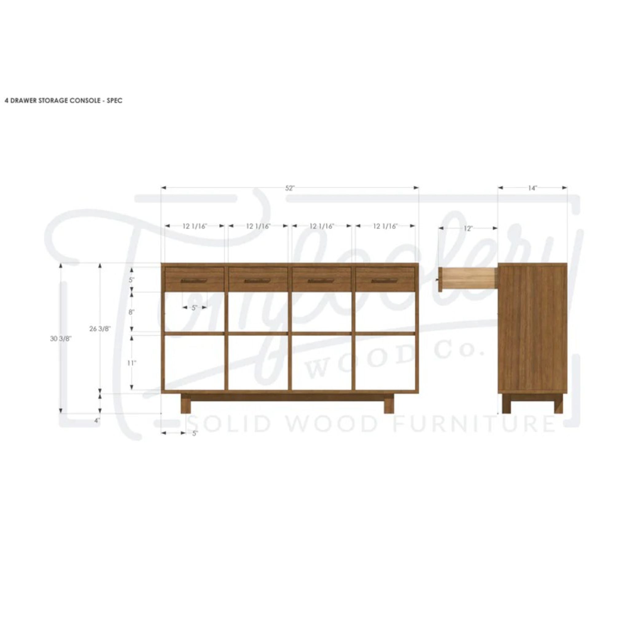 Storage Console 4 Drawer CN22 Dimensions by Tomfoolery Wood Co