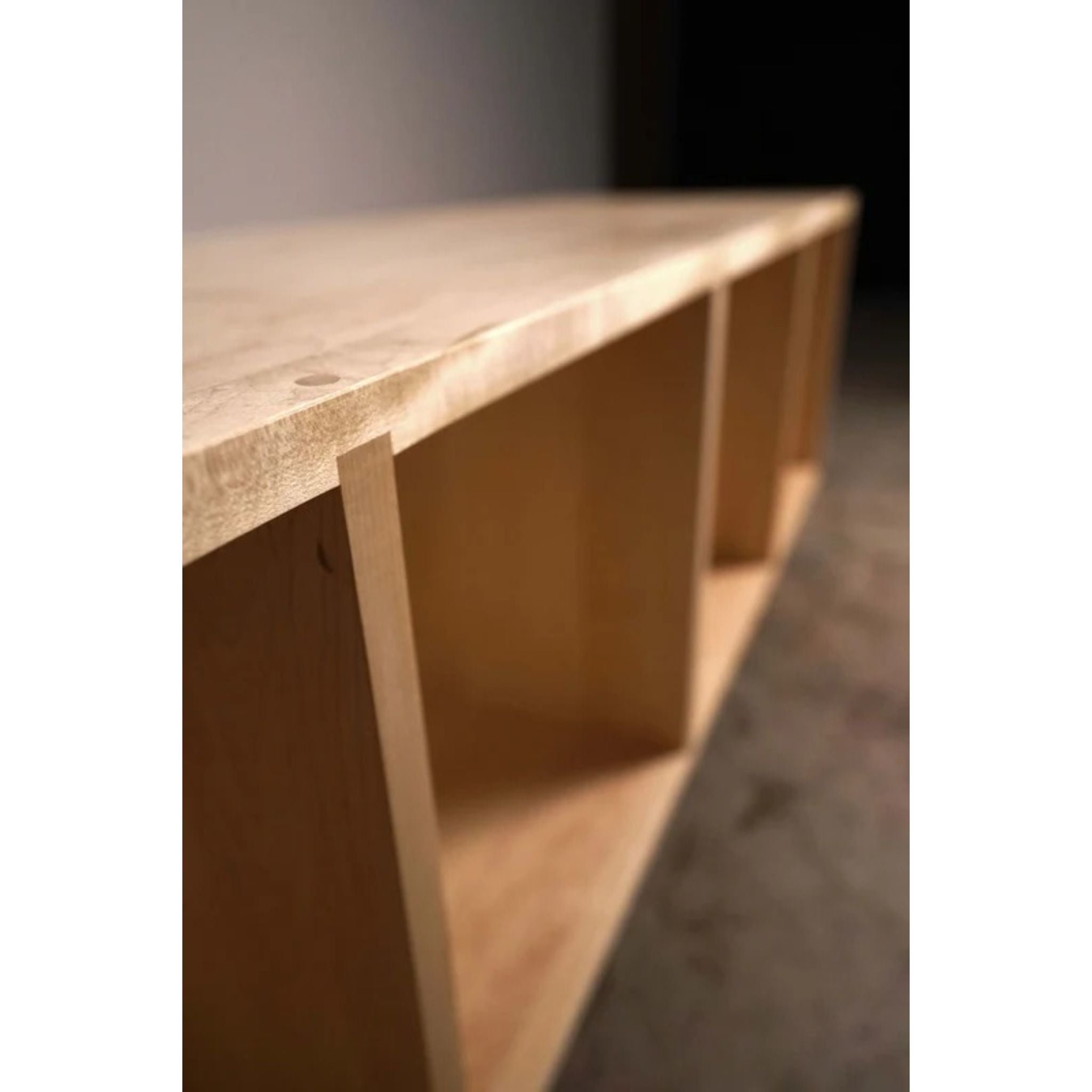 Warner Foyer Bench LP Vinyl Storage BN21 Left Closeup View by Tomfoolery Wood Co